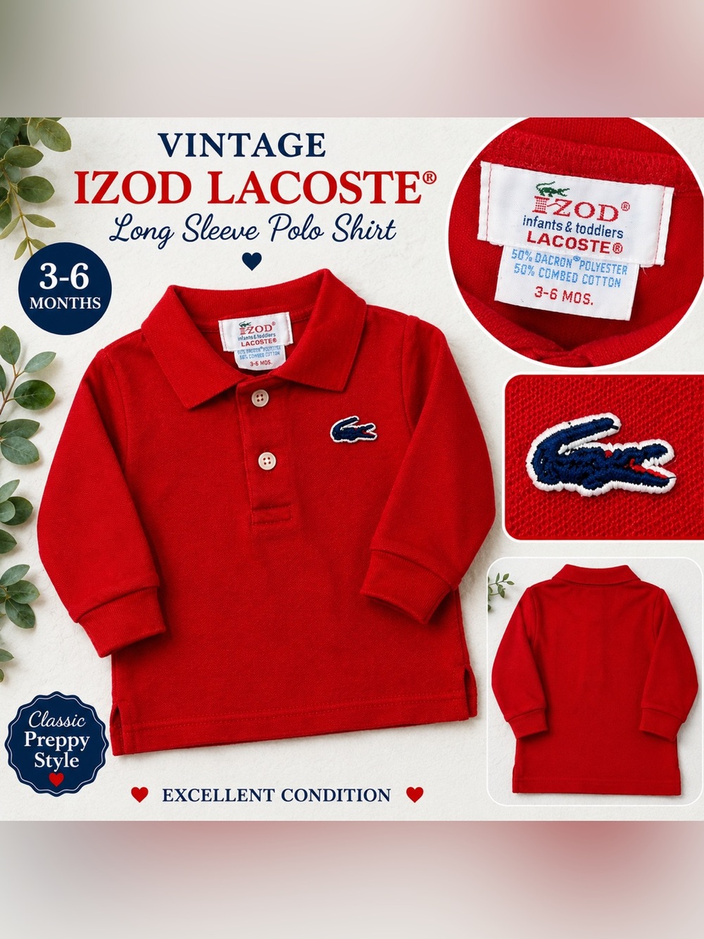 Vintage IZOD Lacoste Red Long Sleeve Polo Shirt Baby 3-6M Preppy